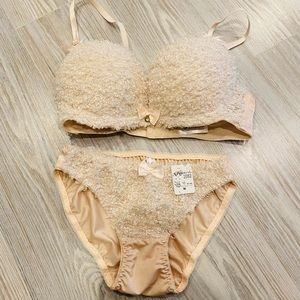 NWT beige cream furry fuzzy bra and underwear panties set